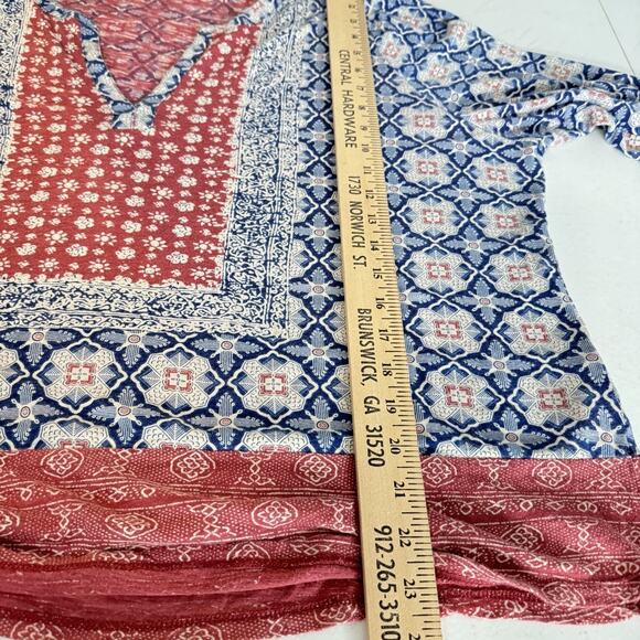 Lucky Brand Boho Printed Cotton Knit Top Sz 2X Red Blue Casual Office Split Neck - Picture 10 of 11
